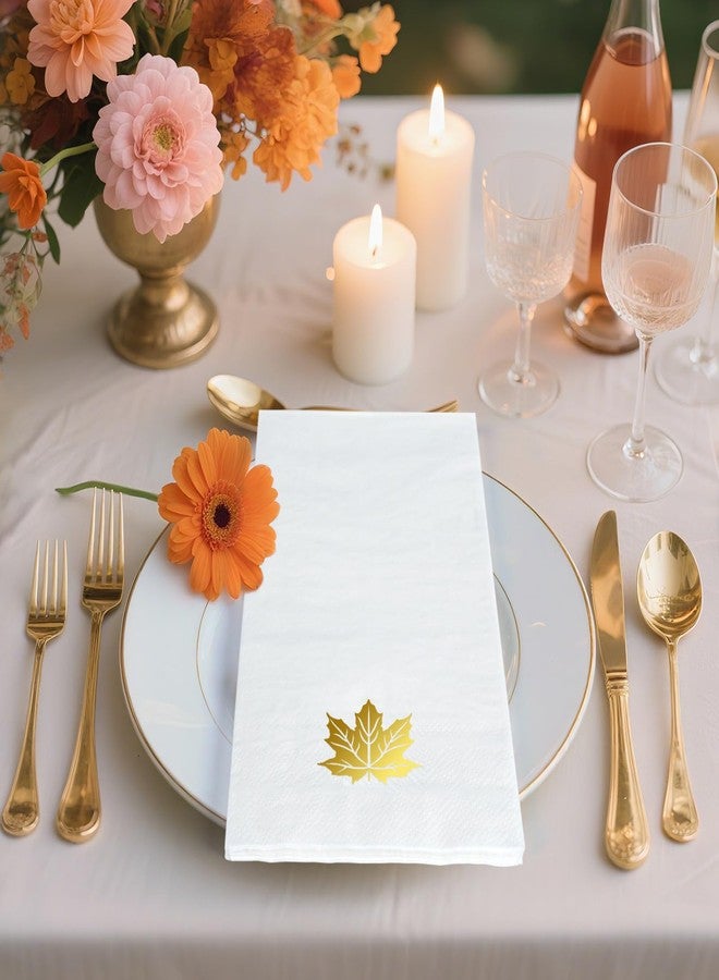 ARQRHTLY Fall Maple Guest Napkins, 50 Pcs Gold Foil Cocktail Paper Napkins Disposable Luncheon Dinner Hand Towels for Autumn Harvest Thanksgiving Party Home Kitchen Bathroom Decor, 4.3 x 7.8 Inch - Image 5